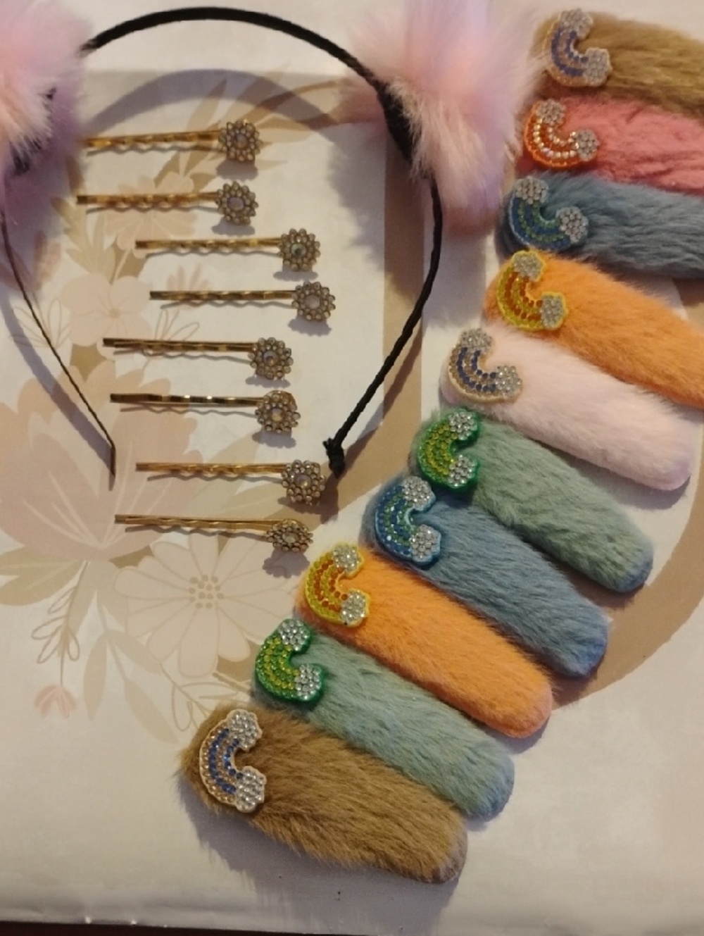 Fuzzy Pastel Hair Clips & Rhinestone Bobby Pins Set